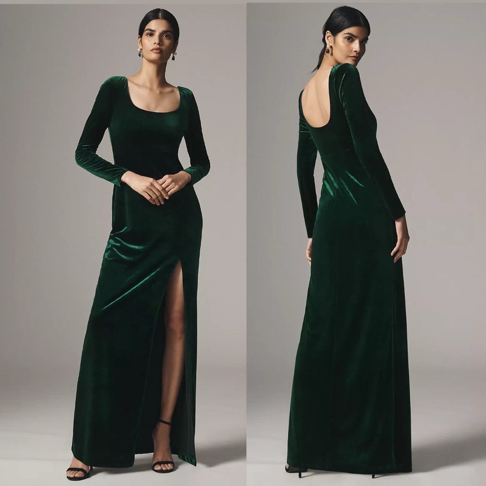 BHLDN || Bella Long-Sleeve Side-Slit Stretch Velvet Maxi Dress Emerald M‎ NWT